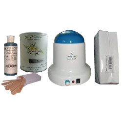 Kit épilation cire nacrée blanche. Pot 800 ml Cire jetable, huile, bandes